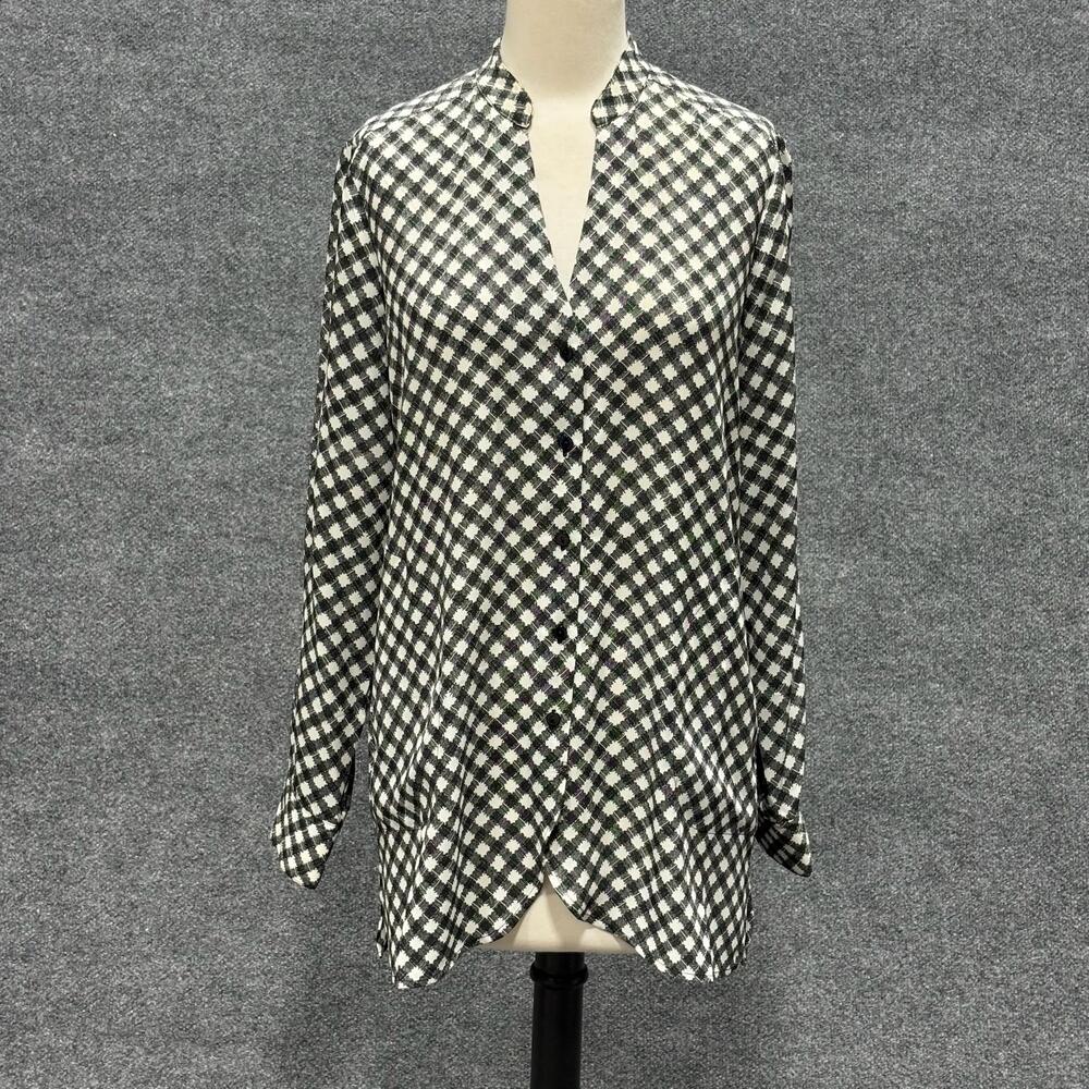 Foxcroft Shirt Womens 8 Black Off White Check Long Sleeve Button Front Tunic